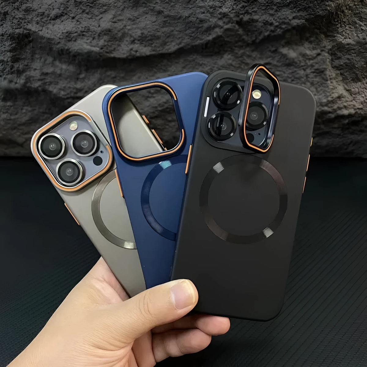 Frosted magnetic iPhone case with invisible bracket, shown in black, with lens protectors.