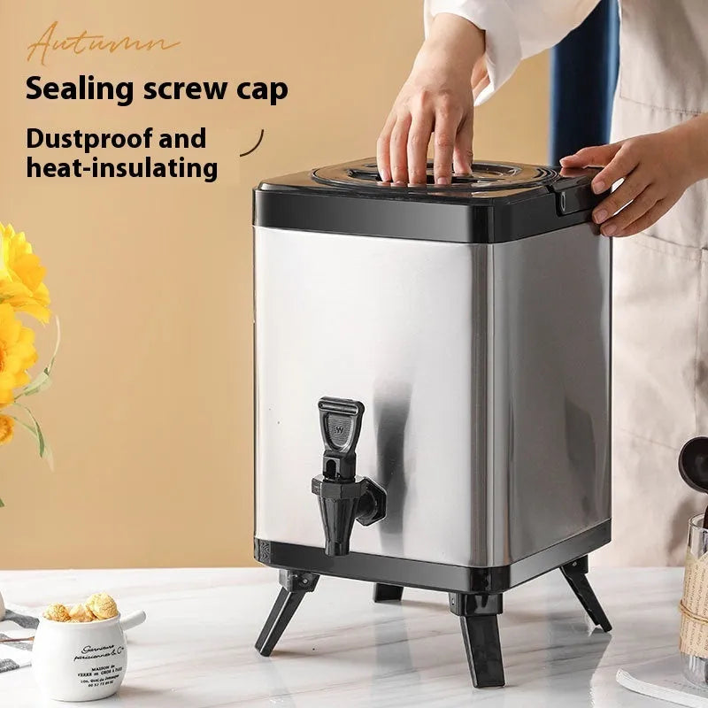 8-litre stainless steel milk tea bucket with square lock closure in silver colour