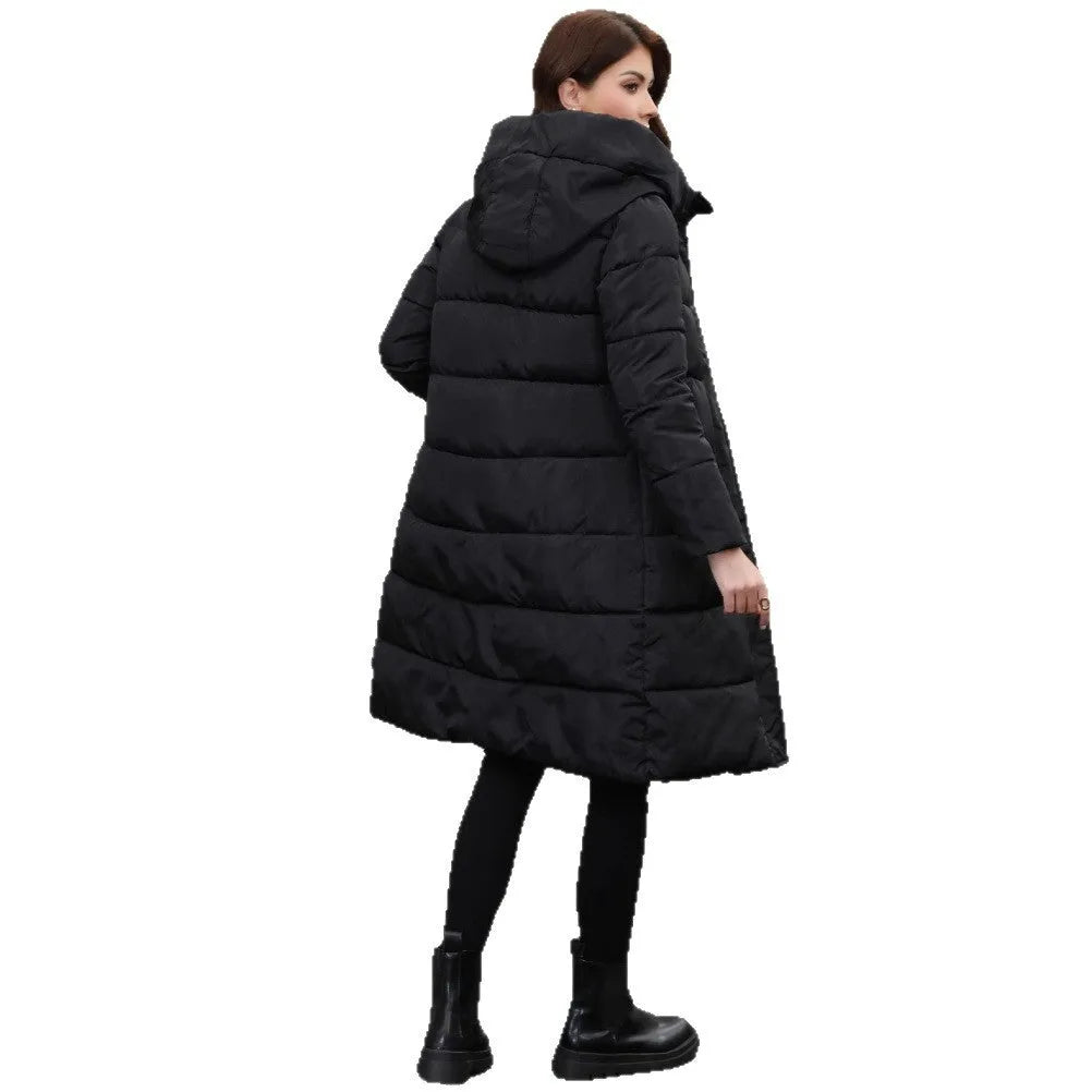 Black hooded slim fit cotton jacket with cold-resistant thickened construction and regular long sleeves