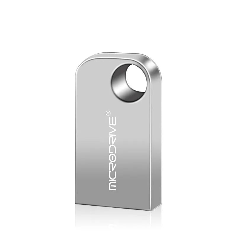 Silver grey 16GB mini USB flash drive with metal rotation cover on a dark background