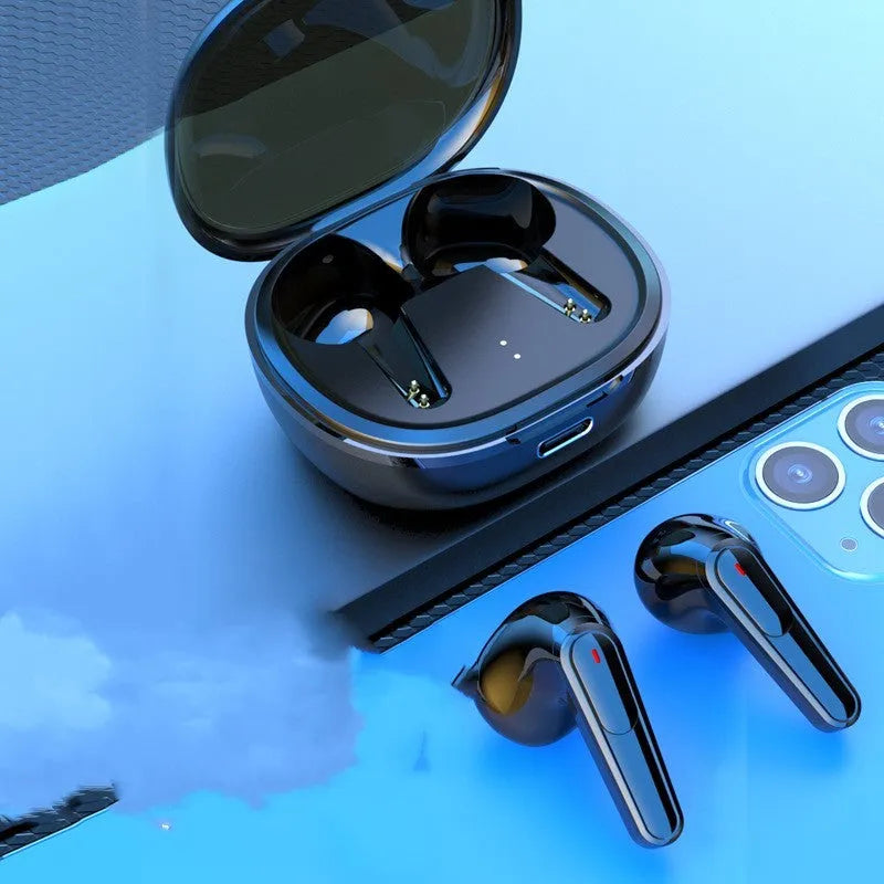 Matte black in-ear Bluetooth headset with active noise reduction on a grey background.