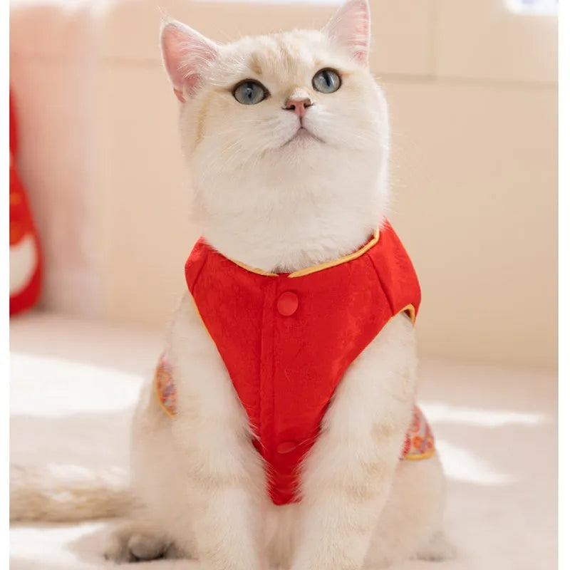 Red Chinese plum blossom pattern Tang suit button-up vest for small dogs and cats