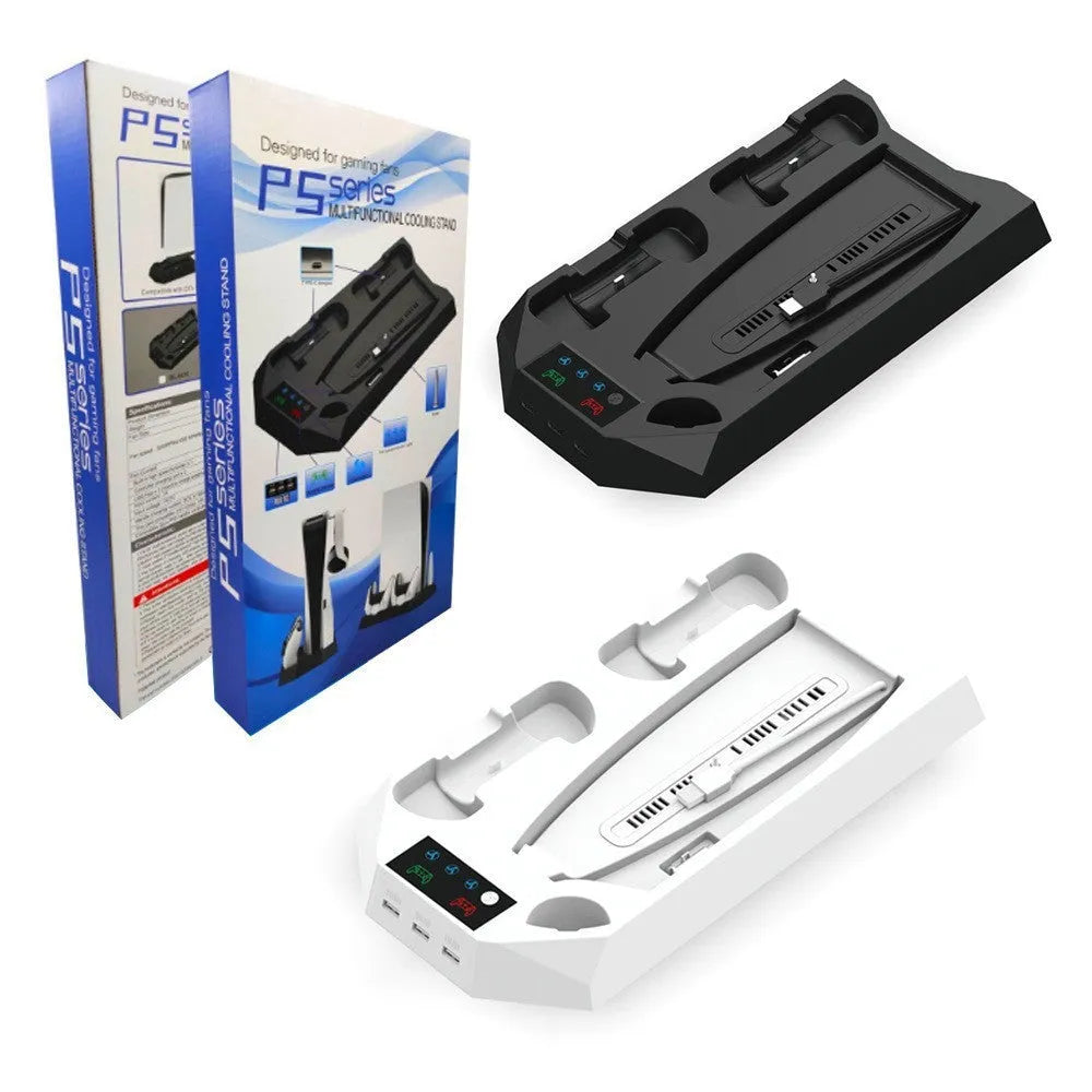 White PS5 charging base and radiator stand holding console, controllers, remote, and headset