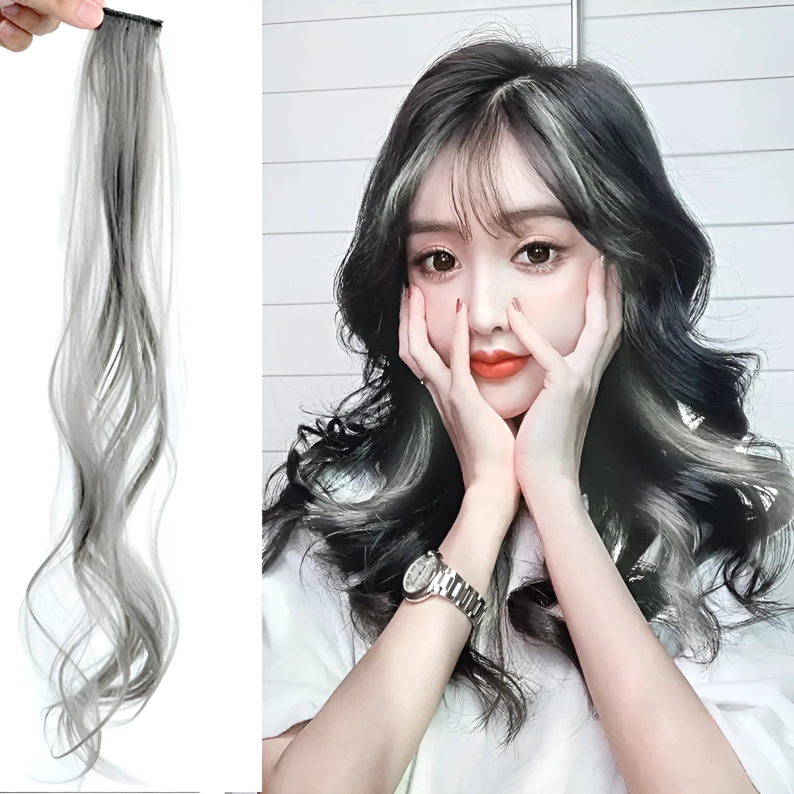 Long curly gradient hair wig patch in clip-in style, showing vibrant colour highlights.