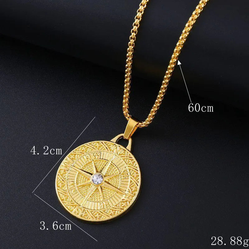 Gold geometric alloy pendant necklace with inlaid diamond-treated zirconia stones.