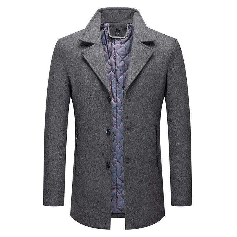 Men's loose wool coat with cotton padding, zipper pocket, solid grey burgundy or camel colour, sizes M to XXXXL