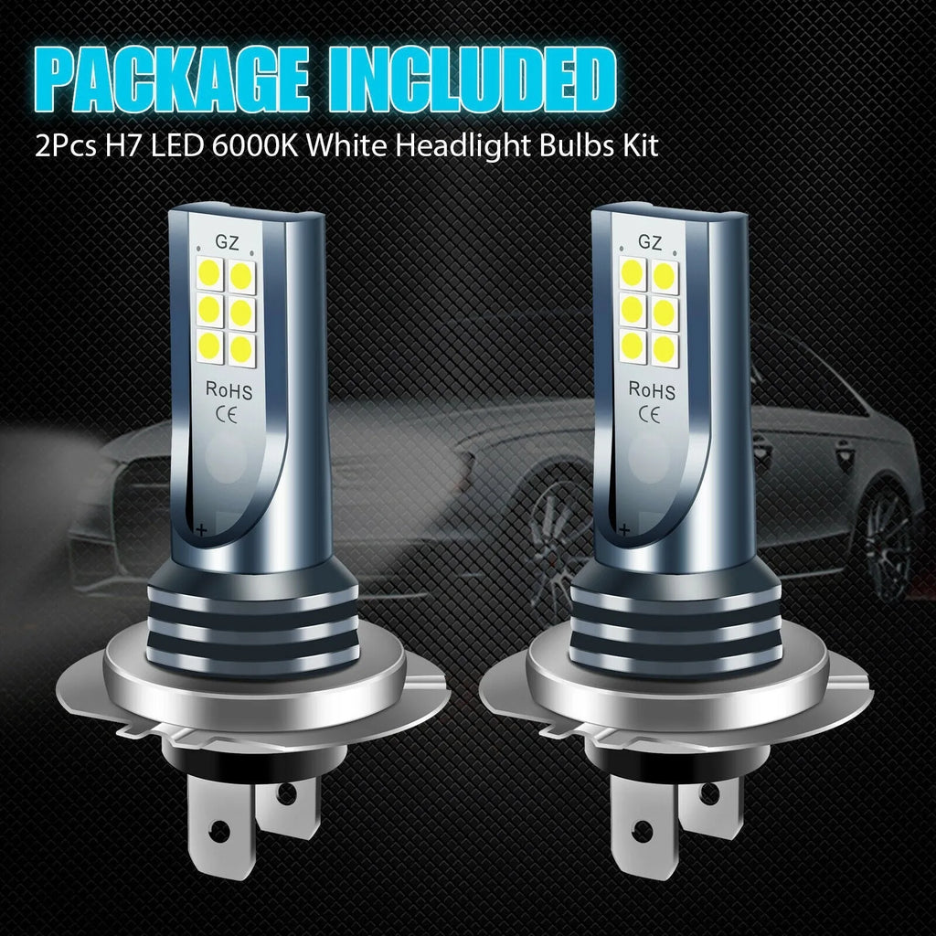 Pair of aluminium LED fog light bulbs for cars with H7 9005 H11 connectors, showing 12 SMD chips.