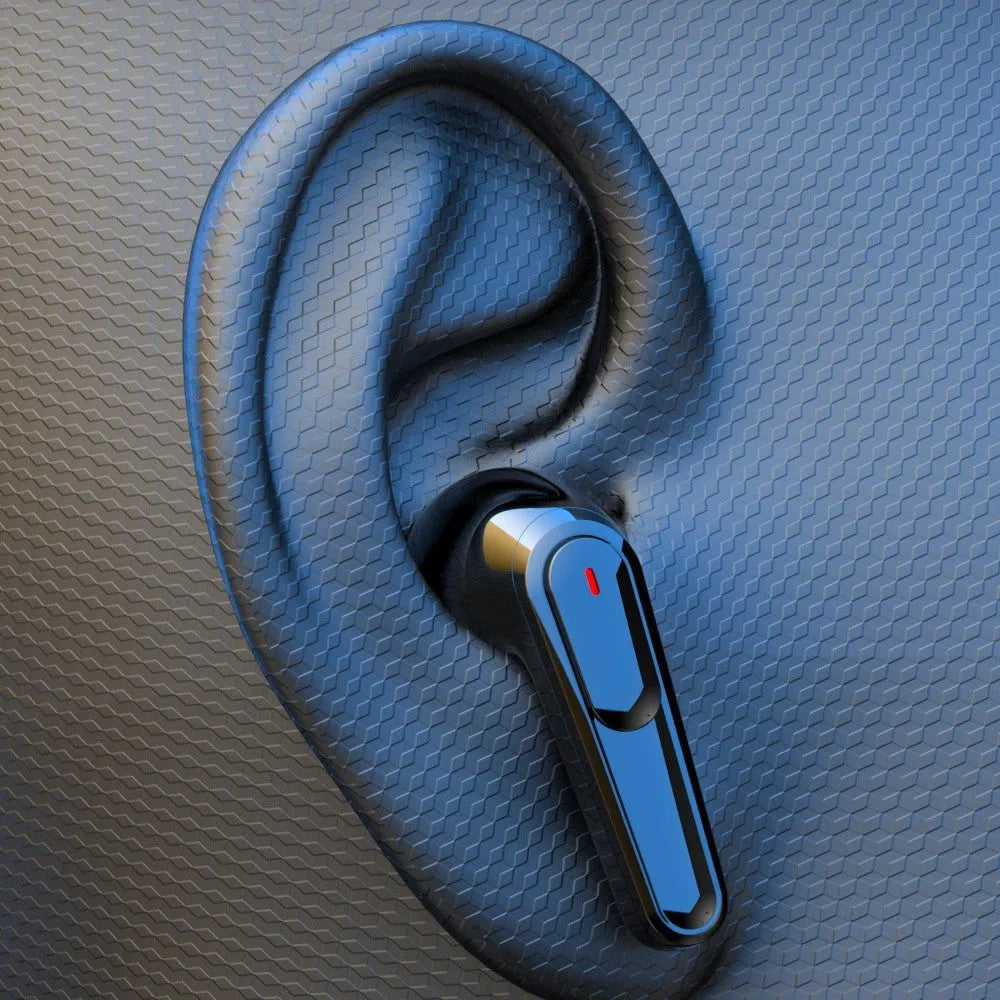 Matte black in-ear Bluetooth headset with active noise reduction on a grey background.