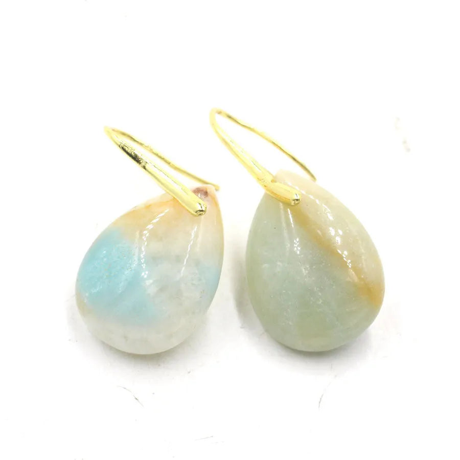 Geometric water drop earrings featuring a green aventurine crystal in a silver-toned electroplated setting.