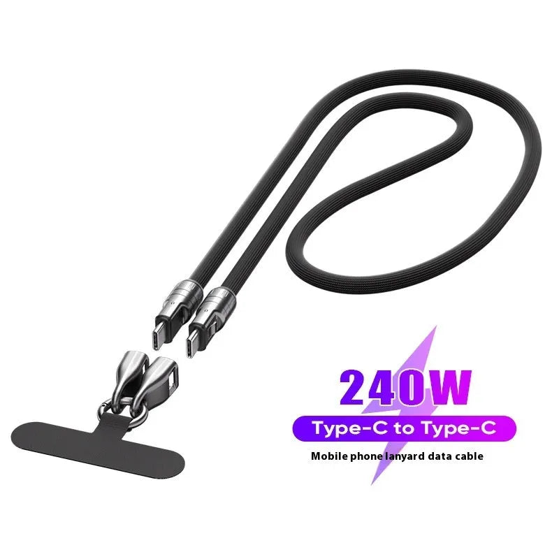 Black multi-functional type-c PD fast charge lanyard data cable with alloy connector on white background