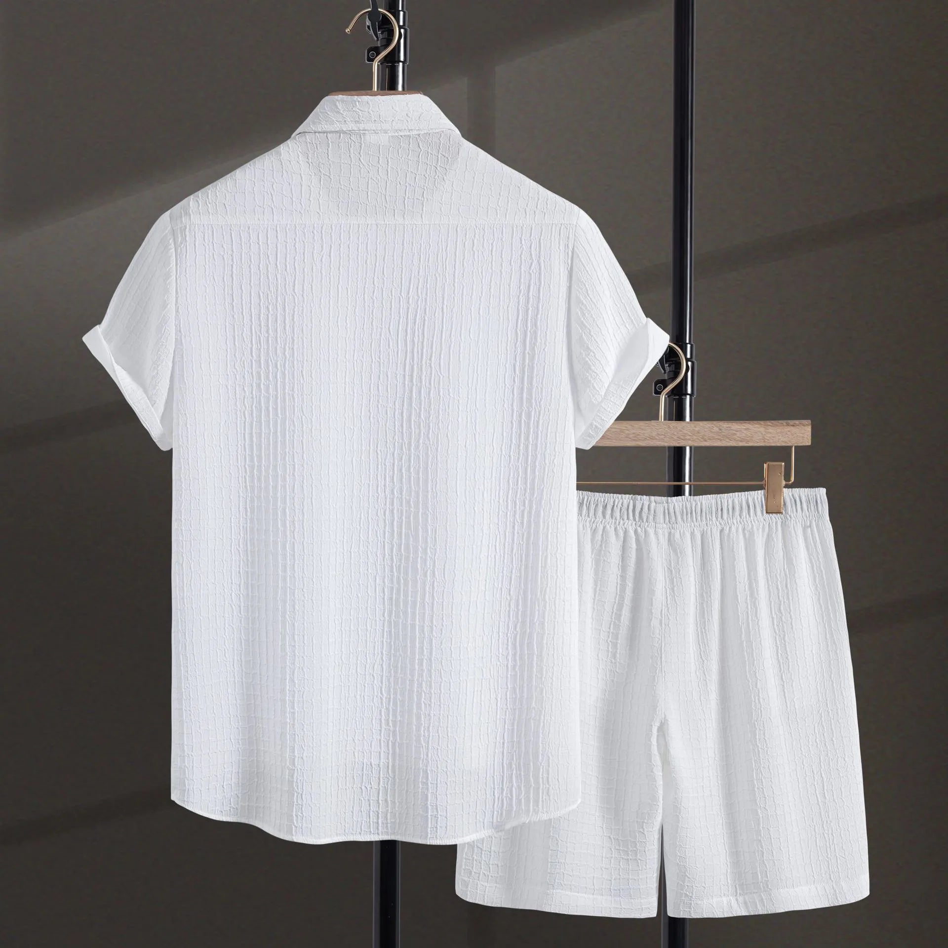 Men's white cotton blend jacquard short sleeve shirt and matching casual shorts set