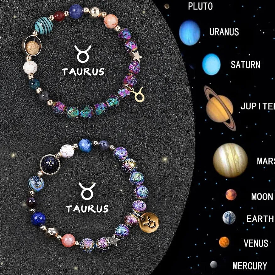 Two natural stone beaded bracelets with adjustable cords on a wooden surface, showing zodiac symbol designs.