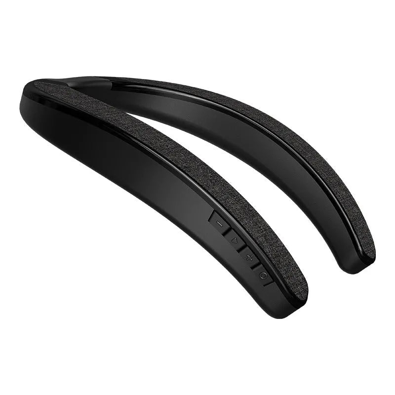 Black neck-mounted stereo wireless Bluetooth speaker with USB charging cable on neutral background