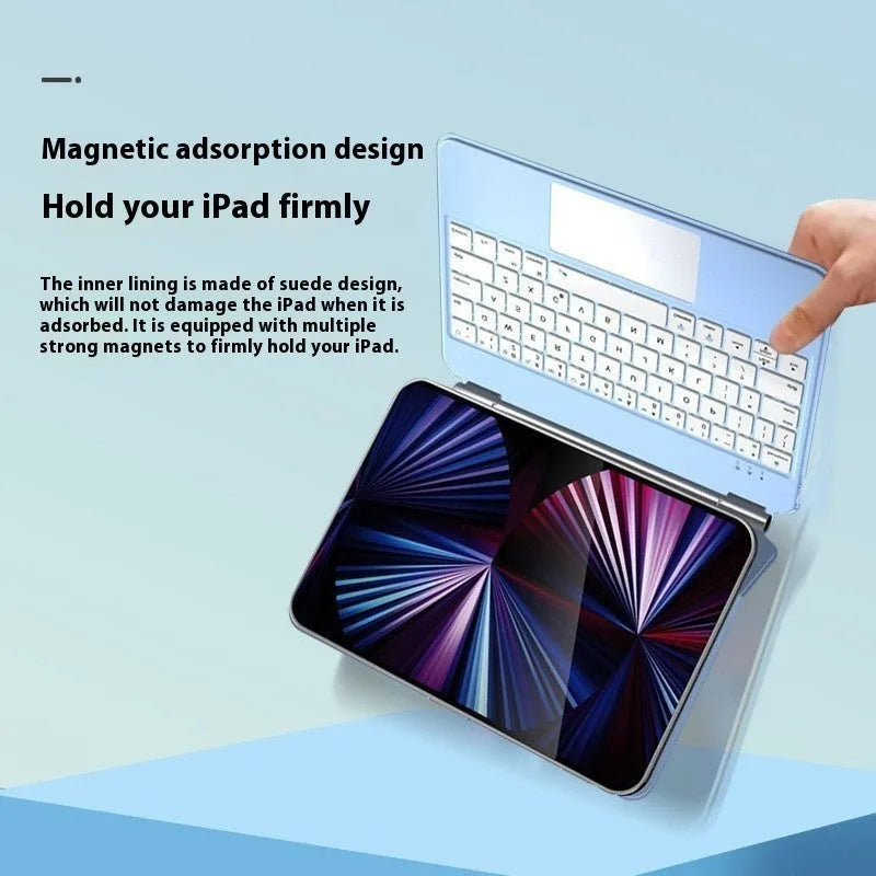 Magnetic suction wireless keyboard and protective sleeve for iPad Pro, shown in blue colour.