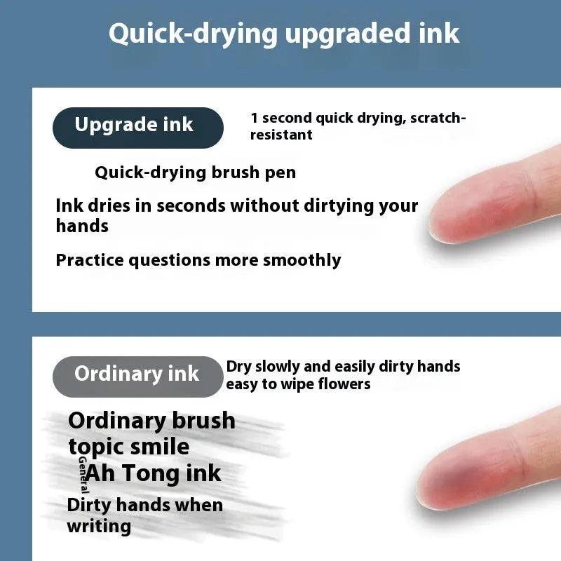Four quick-drying pen refill cartridges in black, red, blue, and ink blue, showing 500m writing length.
