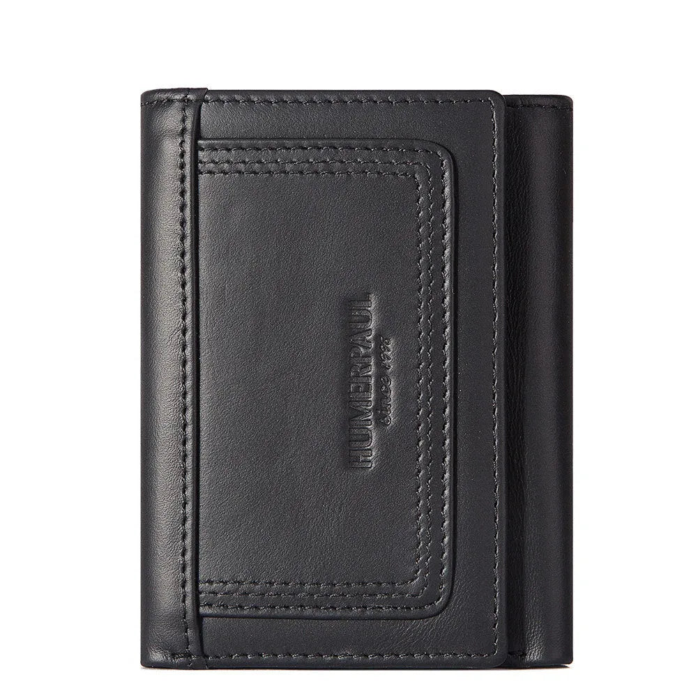 Multi-slot men's genuine leather zipper bag coin purse in brown with visible stitching and metal zipper