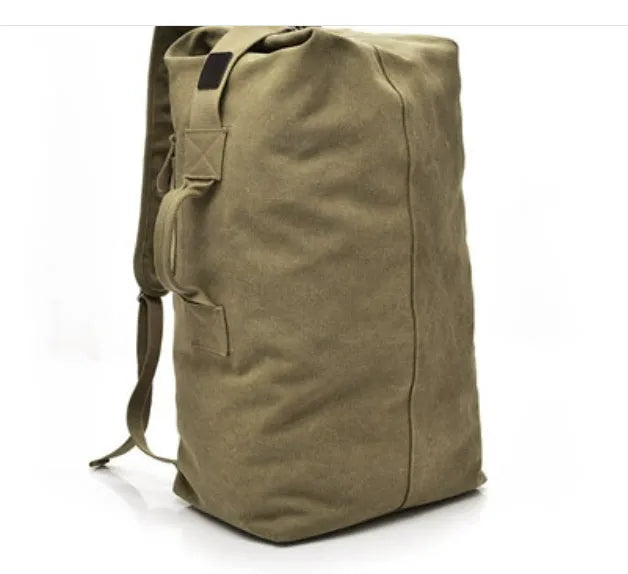 Canvas outdoor climbing backpack in khaki large size with double shoulder straps and car-suture detailing