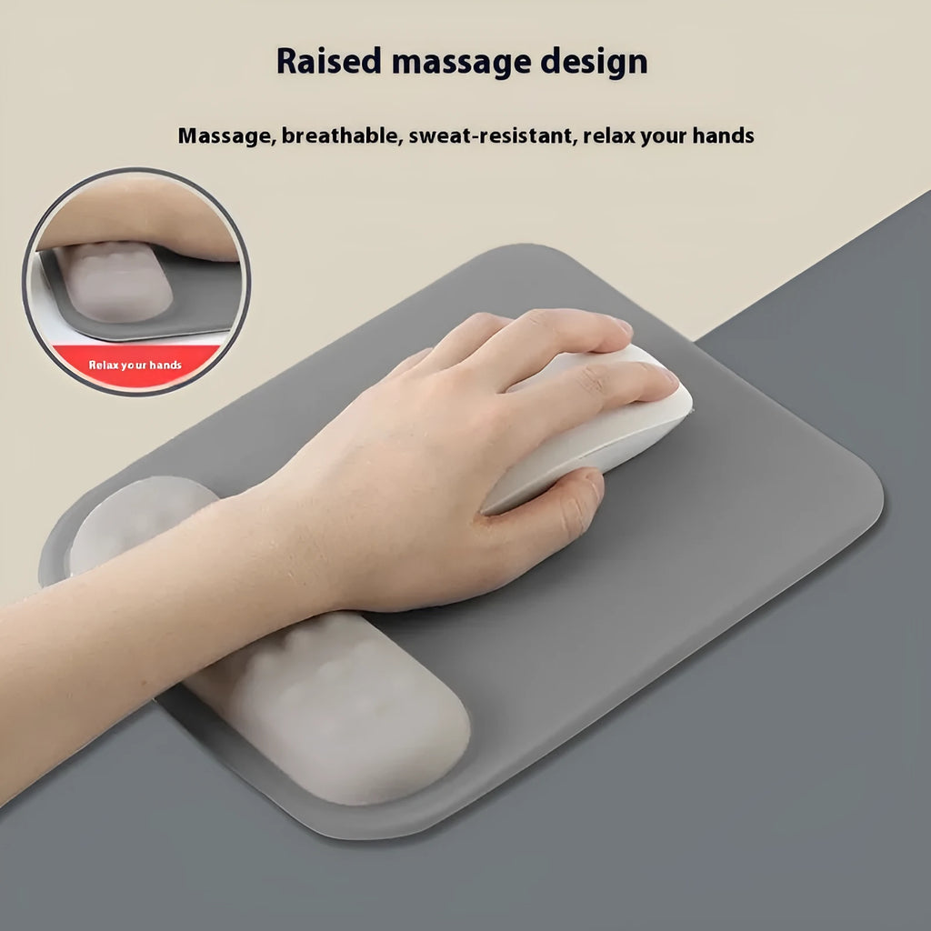 Ergonomic mouse pad with wrist rest in cloth silicone construction showing colour pattern options