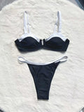 Black low waist women's bikini swimsuit with stitching split design detail