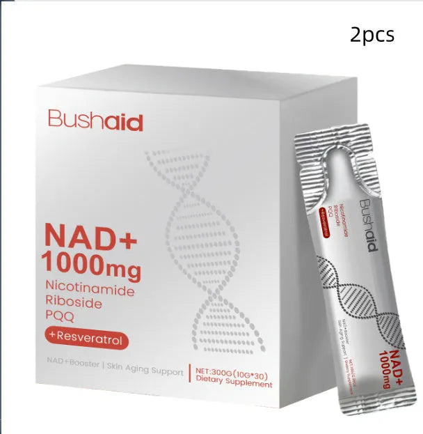 Jar of anti-aging drink powder with nicotinamide ribose, resveratrol, and PQQ for cellular support.