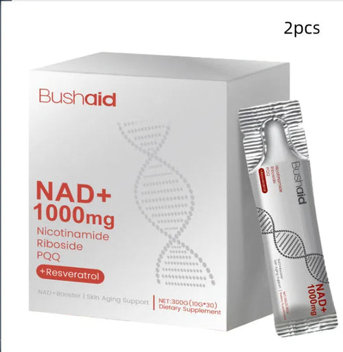 Jar of anti-aging drink powder with nicotinamide ribose, resveratrol, and PQQ for cellular support.