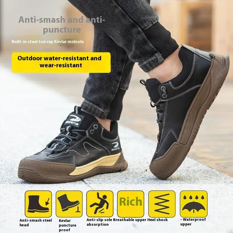 Flyknit leather safety work shoe with rubber sole, shown in black colour.