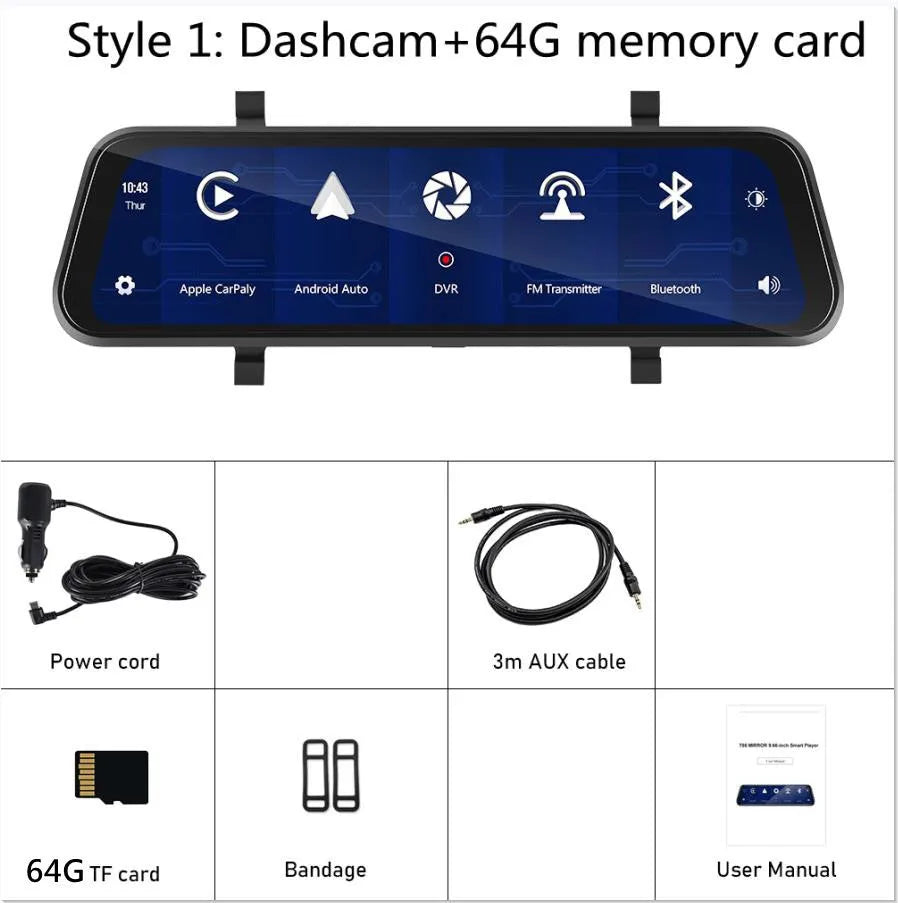 9.66-inch car dashboard camera and in-mirror video player system with wide-angle lens.