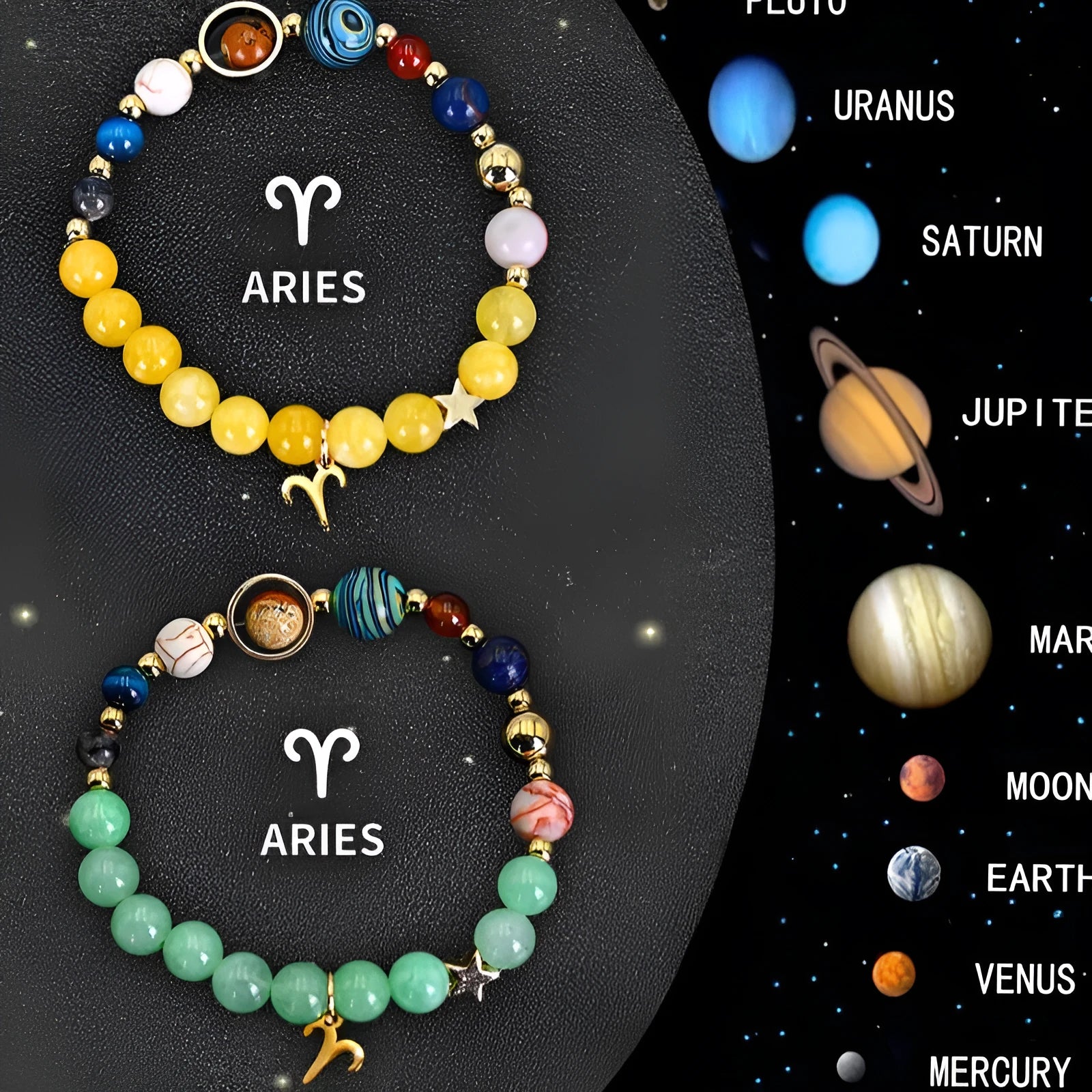 Two natural stone bead bracelets showing zodiac symbols on adjustable straps