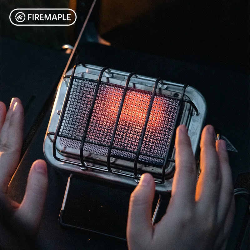 Portable stainless steel electric heating stove with ceramic elements, shown with dimensions.