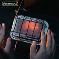 Portable stainless steel electric heating stove with ceramic elements, shown with dimensions.