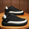 Mens black and orange leather sports casual board shoes with synthetic PU upper, PVC sole, and elastic band slip-on style