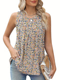 Plus size black sleeveless vest with floral print, showing loose fit and round neckline on a model.