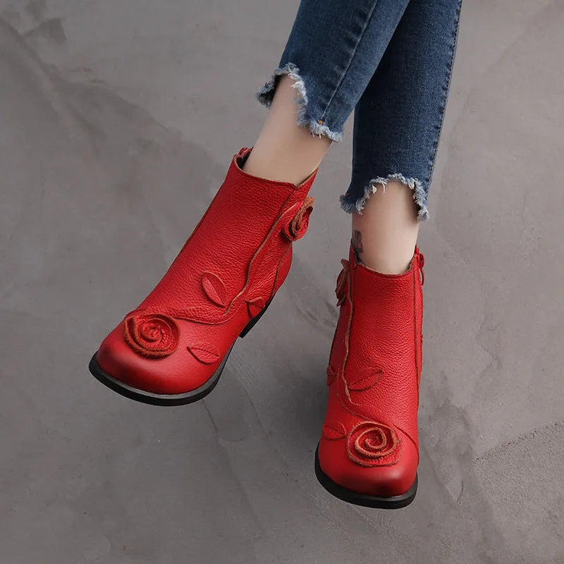 Chunky heel genuine leather Martin boots with flower embossing and stitching in red with velvet lining
