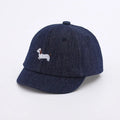 Babies denim puppy baseball cap with short brim and dome crown in light blue, dark blue, or black, 48cm size