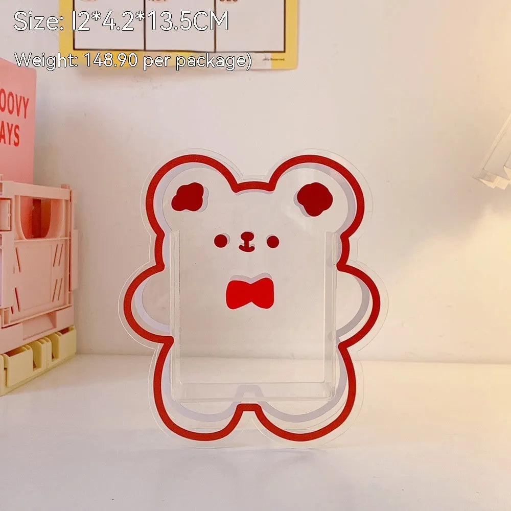 Square clear acrylic storage box on a desk, shown in one of six cute colour pattern options.