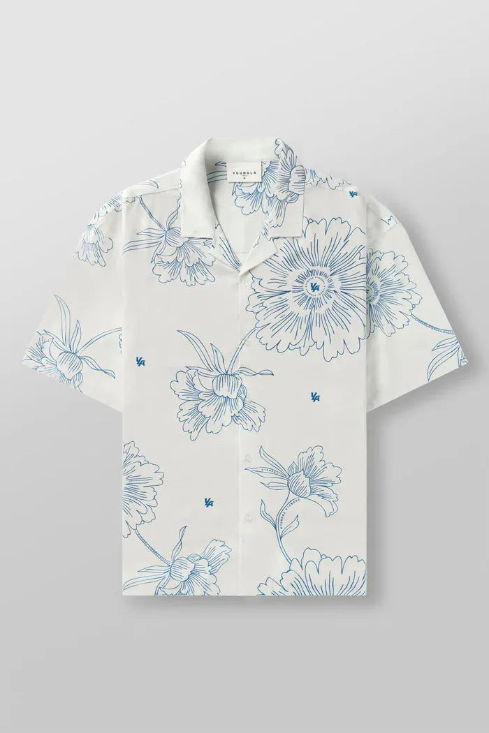 Men's loose floral print short-sleeve casual top in light colour on hanger
