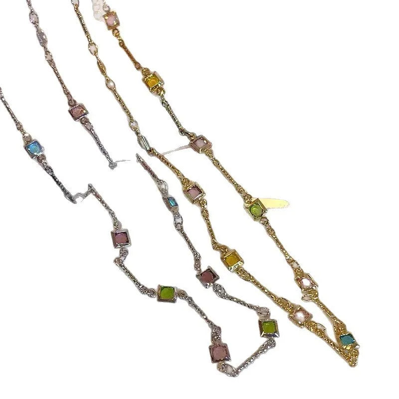 Square colour geometric alloy clavicle chain necklace with artificial crystals in gold tone