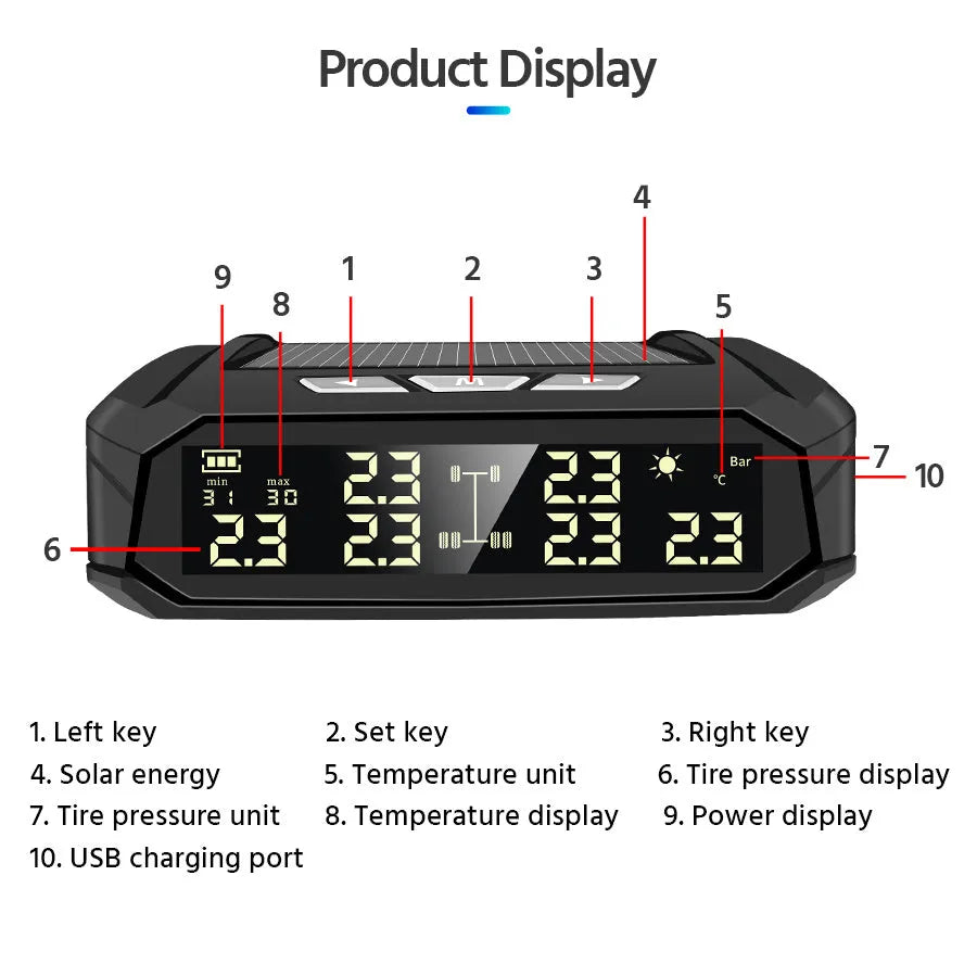 Solar-powered external tyre pressure monitor with colour screen for six-wheel trucks and RVs.