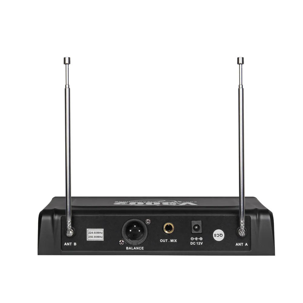 V-3002 wireless handheld microphone system with two black microphones and compact transmitter unit