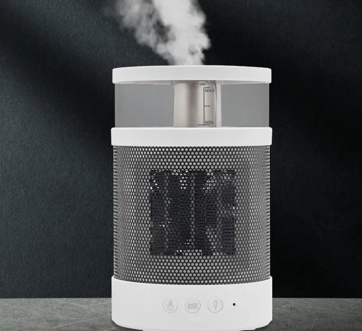 White 3-in-1 space heater with humidifier and night light on a desk