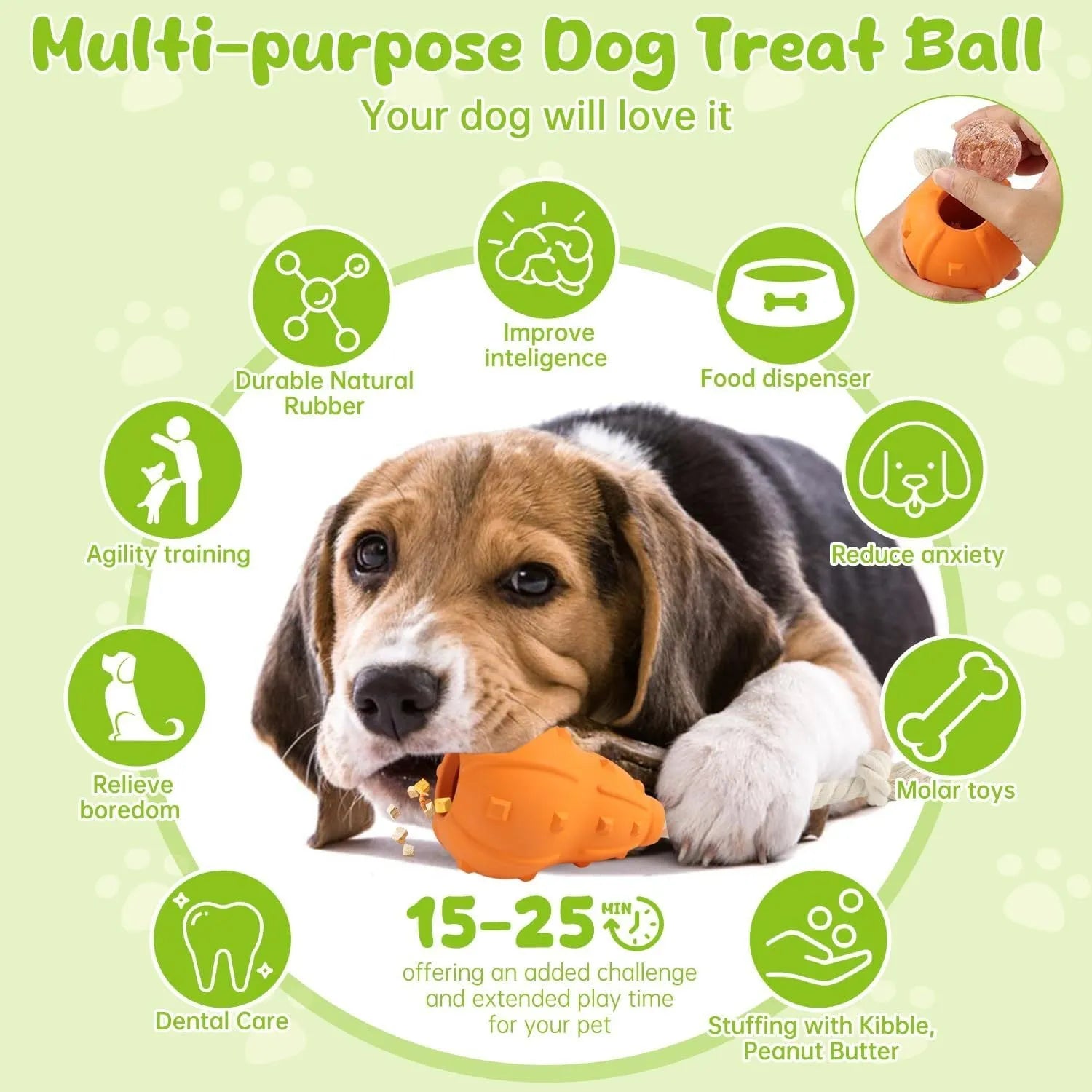Natural rubber stuffable dog fetch toy with longer strap for small to medium breed dogs.