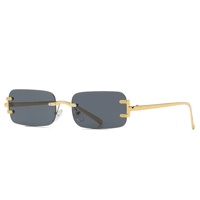 Retro square frameless sunglasses with gold metal frame and black/gray AC lenses