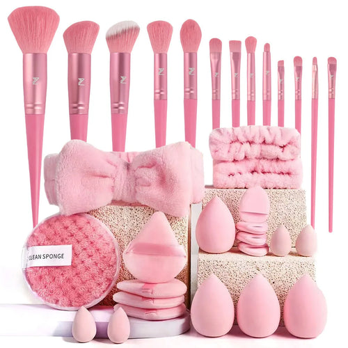 Beauty tool set with multiple pieces in brown, pink and purple colours for face wash and makeup application