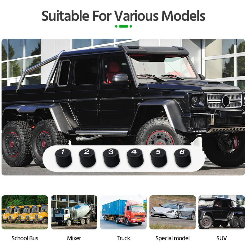 Solar-powered external tyre pressure monitor with colour screen for six-wheel trucks and RVs.