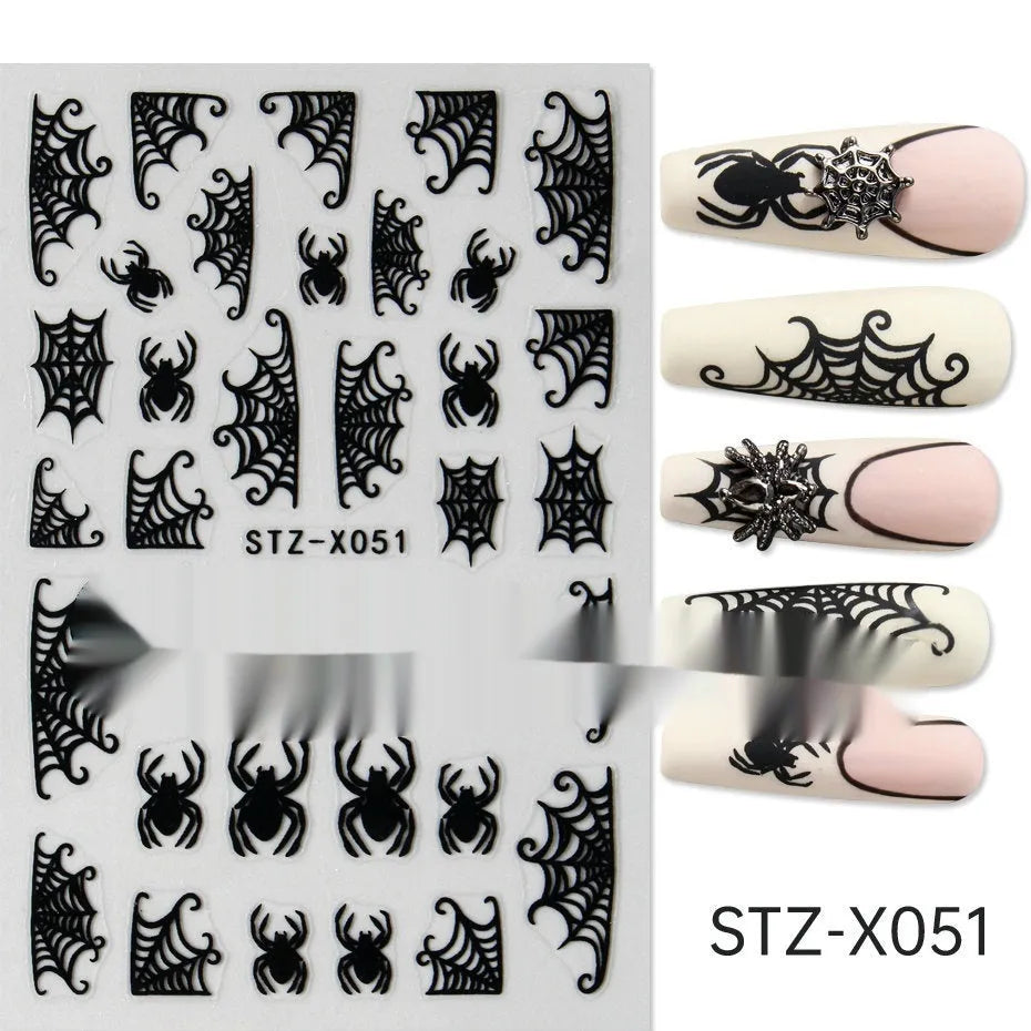 Cartoon-themed nail art sticker sheet with black and silver strip patterns and love motifs