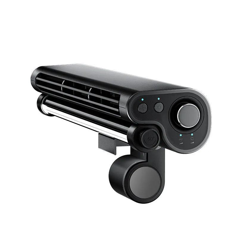 Black USB-powered bladeless fan with an LED lamp, shown clipped to the top of a computer monitor.