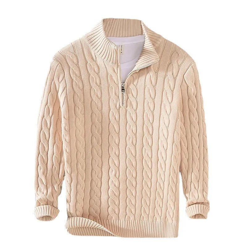 Men's loose fit zip pullover cotton knit sweater in wine red, grey, dark blue, black, apricot, denim blue, sizes S-XXXL