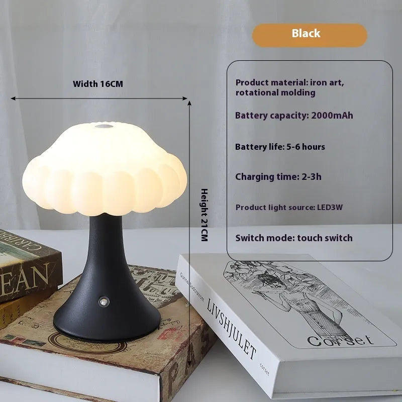 Mushroom-shaped decorative touch control night lamp with rechargeable battery in wood grain colour