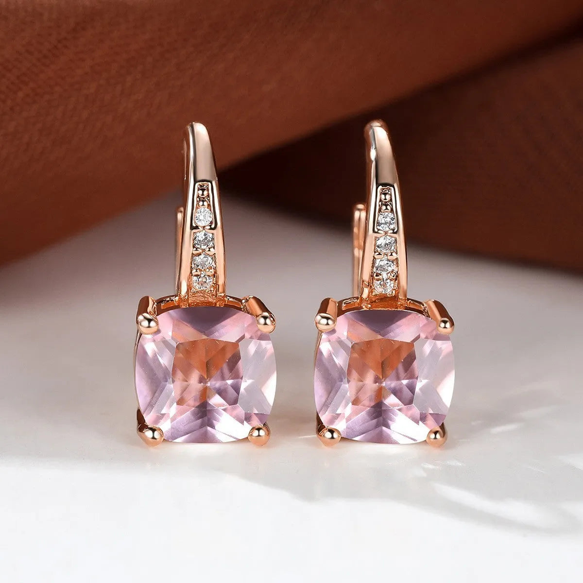 Square geometric ear hooks with round zircon inlays in gold, platinum, or rose gold finish