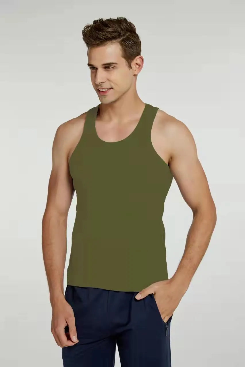 Men's pure cotton slim fit sports vest in white, front view, available in multiple colours and sizes